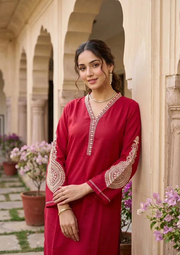 Red_Art_Silk_Cording_Straight_Kurta_With_Pant_Regular_And_Dupatta