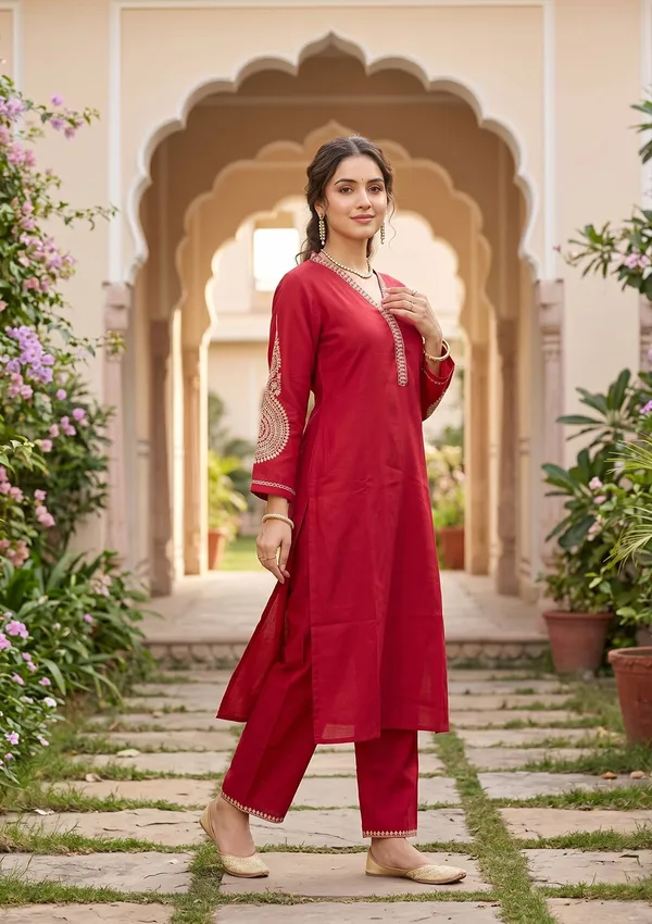 Red_Art_Silk_Cording_Straight_Kurta_With_Pant_Regular_And_Dupatta