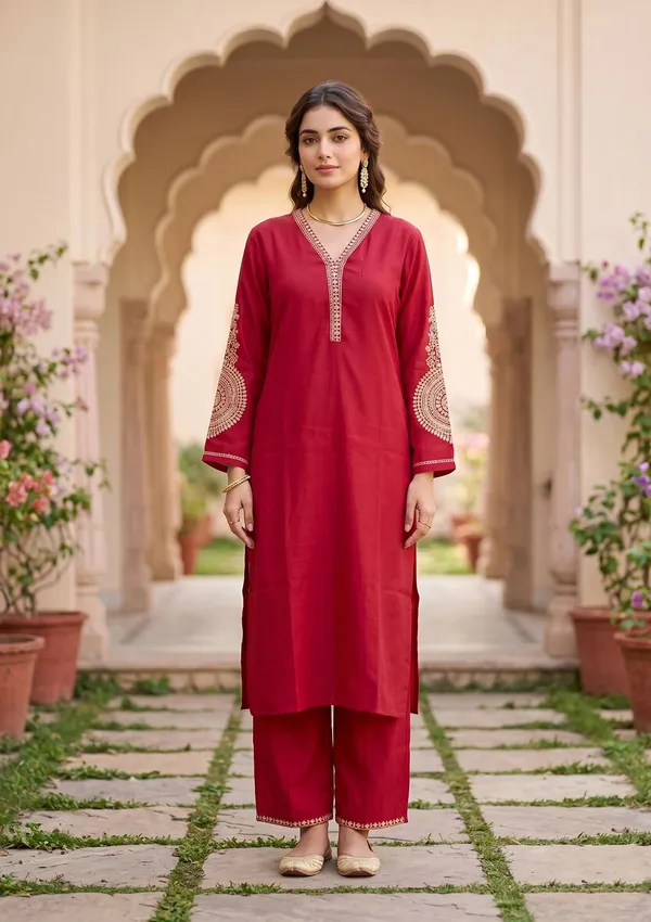 Red_Art_Silk_Cording_Straight_Kurta_With_Pant_Regular_And_Dupatta