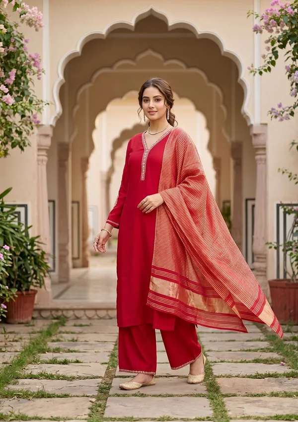 Red_Art_Silk_Cording_Straight_Kurta_With_Pant_Regular_And_Dupatta