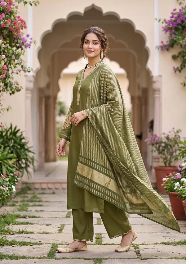 Mehendi_Art_Silk_Cording_Straight_Kurta_With_Pant_Regular_And_Dupatta