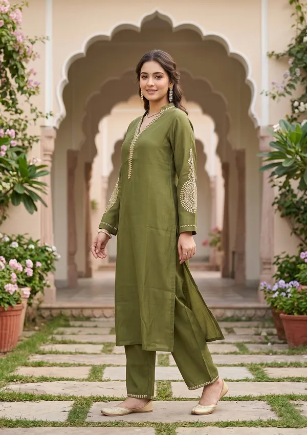 Mehendi_Art_Silk_Cording_Straight_Kurta_With_Pant_Regular_And_Dupatta