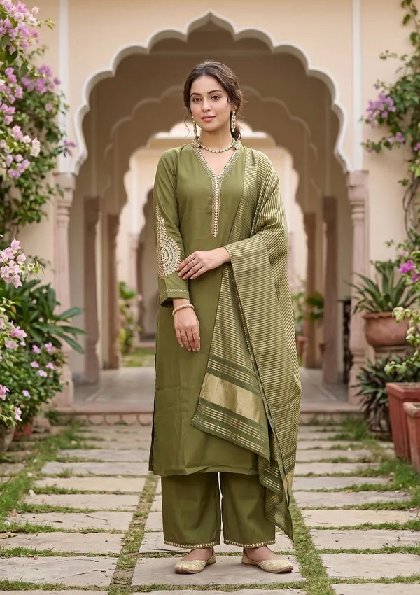 Mehendi_Art_Silk_Cording_Straight_Kurta_With_Pant_Regular_And_Dupatta