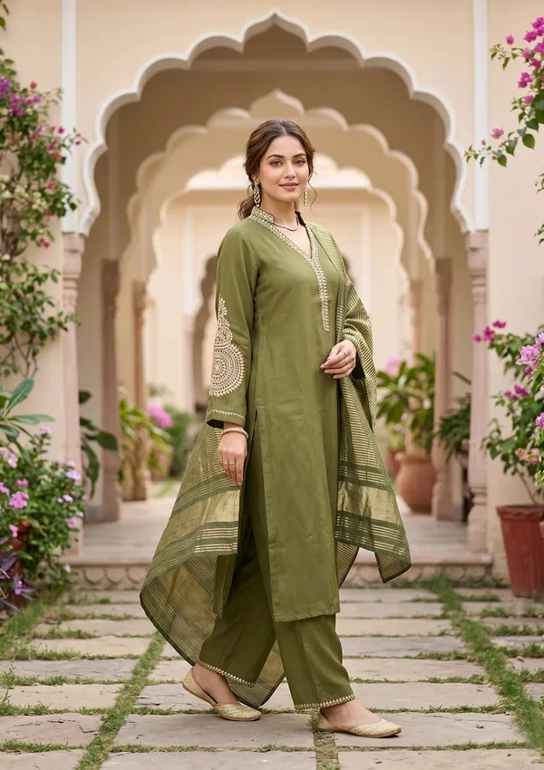 Mehendi_Art_Silk_Cording_Straight_Kurta_With_Pant_Regular_And_Dupatta