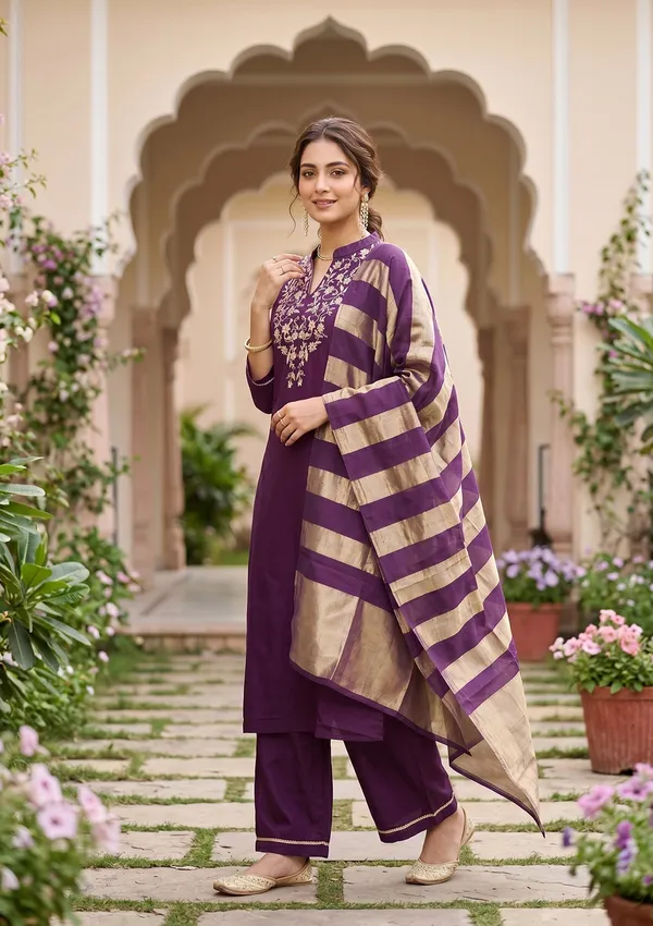 Purple_Art_Silk_Cording_Straight_Kurta_With_Pant_Regular_And_Dupatta