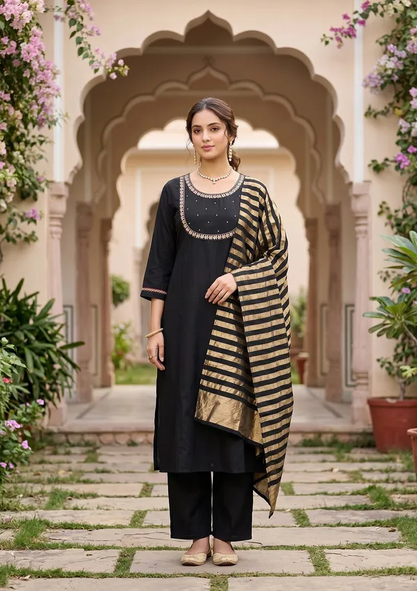 Black_Art_Silk_Cording_A_Line_Kurta_With_Pant_Regular_And_Dupatta