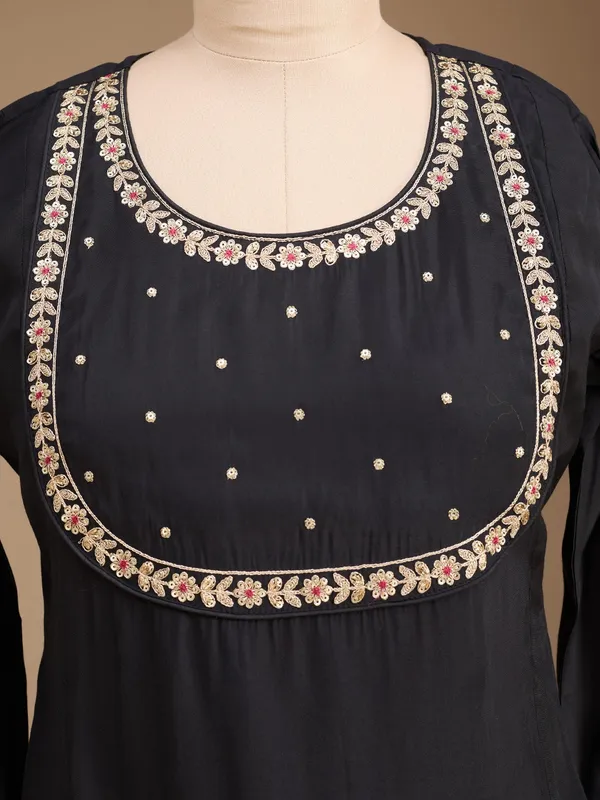 Black_Art_Silk_Cording_A_Line_Kurta_With_Pant_Regular_And_Dupatta