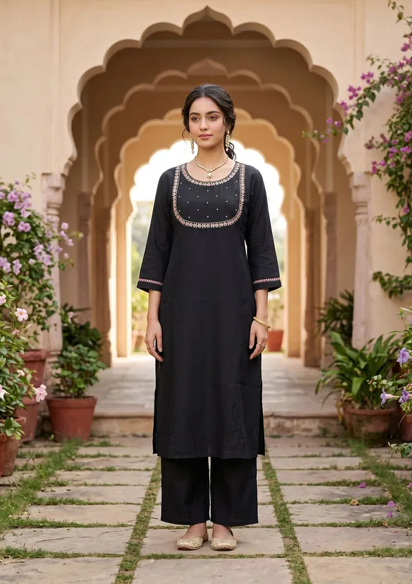 Black_Art_Silk_Cording_A_Line_Kurta_With_Pant_Regular_And_Dupatta
