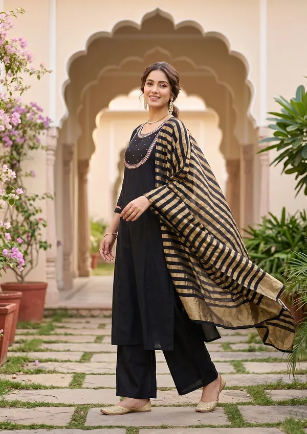 Black_Art_Silk_Cording_A_Line_Kurta_With_Pant_Regular_And_Dupatta