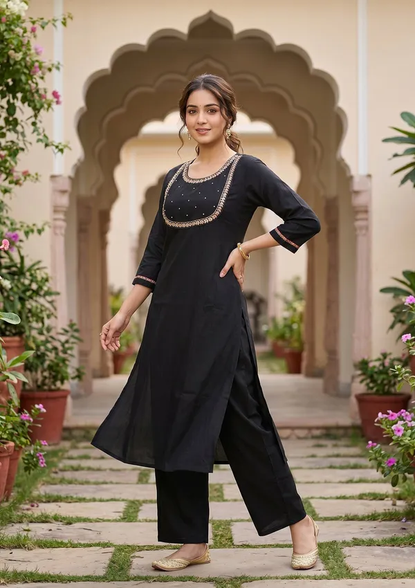 Black_Art_Silk_Cording_A_Line_Kurta_With_Pant_Regular_And_Dupatta