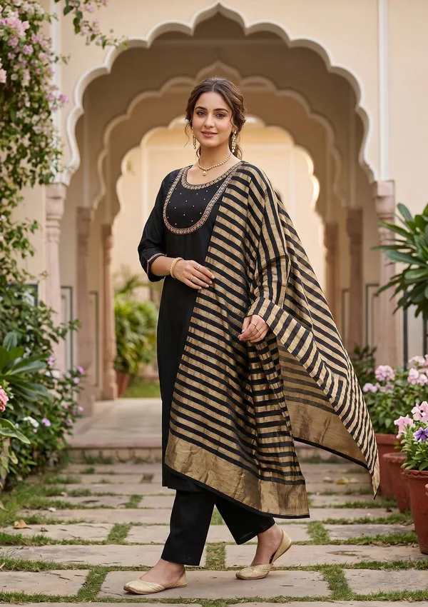 Black_Art_Silk_Cording_A_Line_Kurta_With_Pant_Regular_And_Dupatta