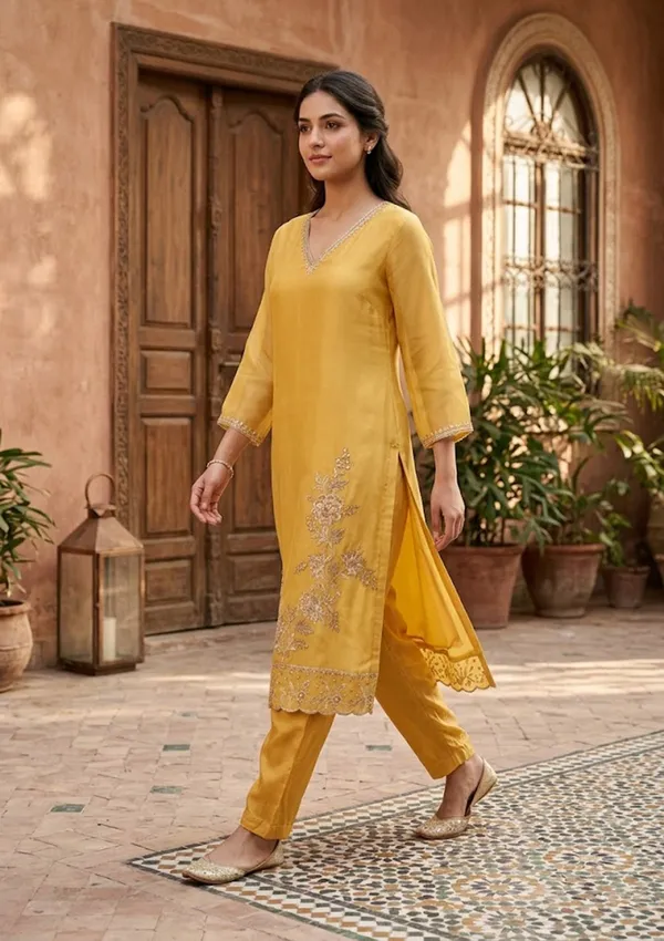 Mustard_Semi_Crepe_Threadwork_Straight_Kurta_With_Pant_Regular_And_Dupatta