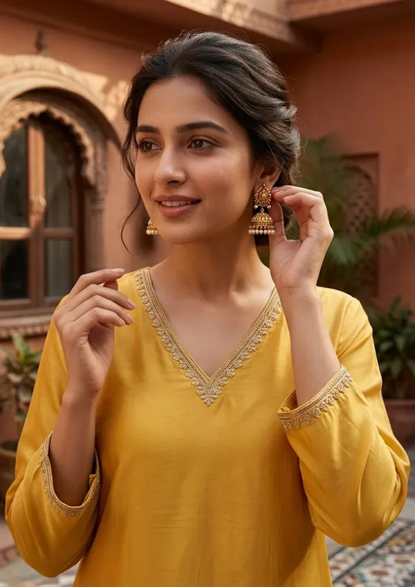 Mustard_Semi_Crepe_Threadwork_Straight_Kurta_With_Pant_Regular_And_Dupatta