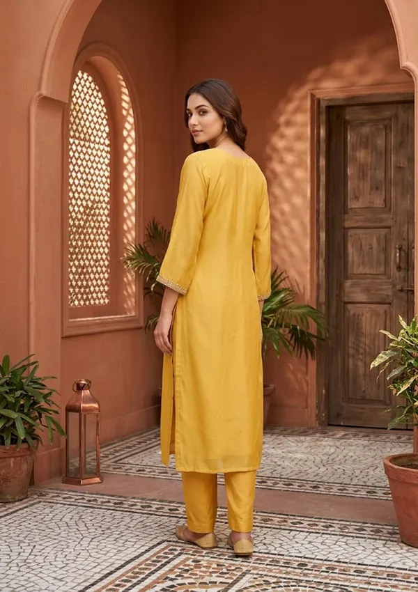Mustard_Semi_Crepe_Threadwork_Straight_Kurta_With_Pant_Regular_And_Dupatta