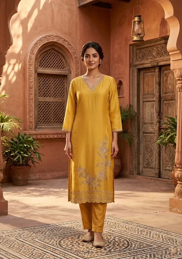 Mustard_Semi_Crepe_Threadwork_Straight_Kurta_With_Pant_Regular_And_Dupatta