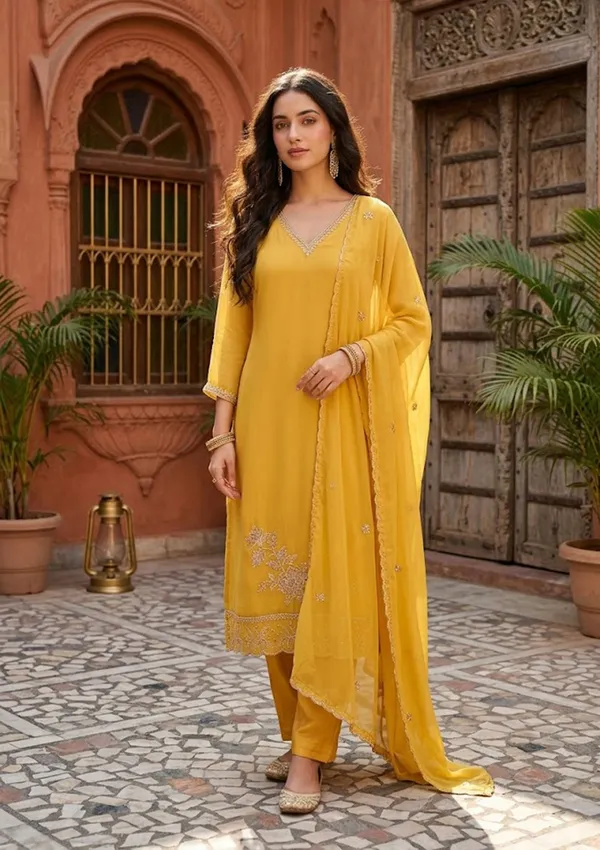 Mustard_Semi_Crepe_Threadwork_Straight_Kurta_With_Pant_Regular_And_Dupatta