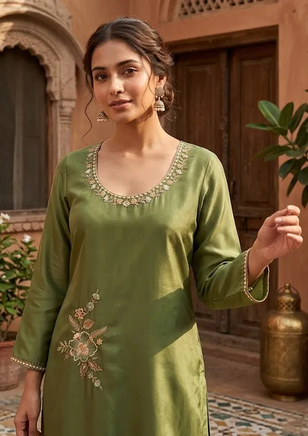 Mehendi_Semi_Crepe_Threadwork_Straight_Kurta_With_Pant_Regular_And_Dupatta