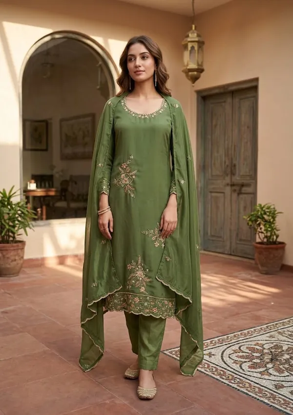 Mehendi_Semi_Crepe_Threadwork_Straight_Kurta_With_Pant_Regular_And_Dupatta