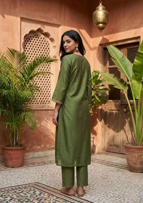 Mehendi_Semi_Crepe_Threadwork_Straight_Kurta_With_Pant_Regular_And_Dupatta
