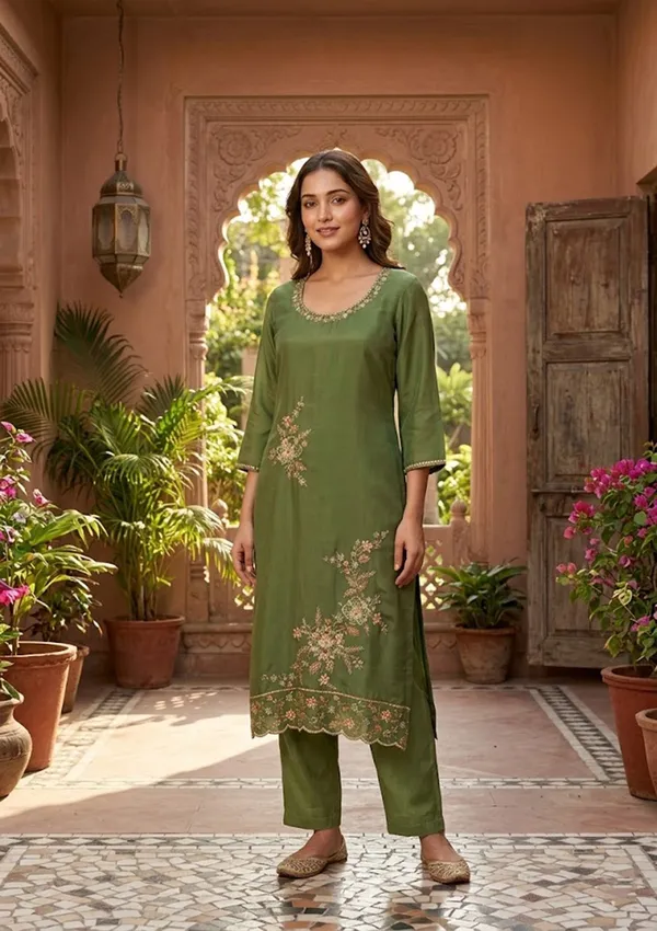 Mehendi_Semi_Crepe_Threadwork_Straight_Kurta_With_Pant_Regular_And_Dupatta