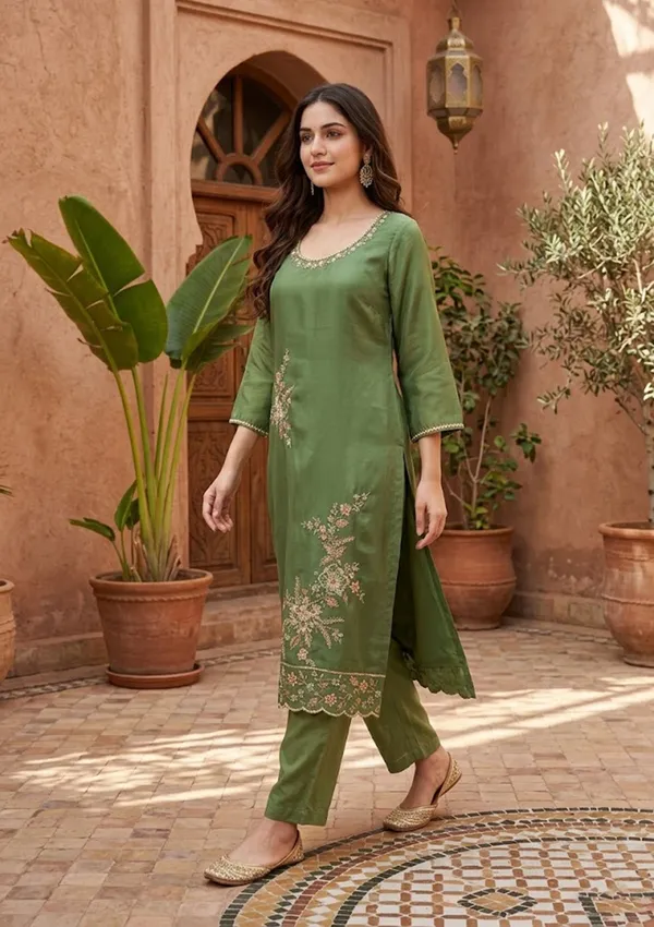 Mehendi_Semi_Crepe_Threadwork_Straight_Kurta_With_Pant_Regular_And_Dupatta