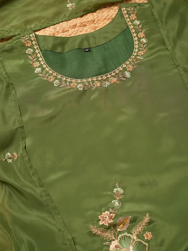 Mehendi_Semi_Crepe_Threadwork_Straight_Kurta_With_Pant_Regular_And_Dupatta