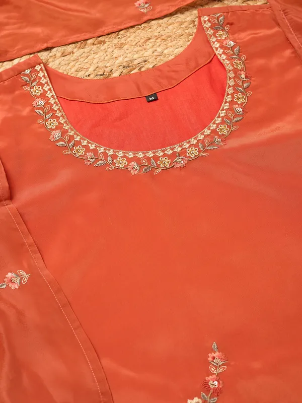 Rust_Semi_Crepe_Threadwork_Straight_Kurta_With_Pant_Regular_And_Dupatta
