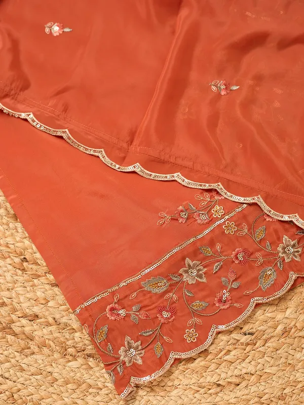 Rust_Semi_Crepe_Threadwork_Straight_Kurta_With_Pant_Regular_And_Dupatta