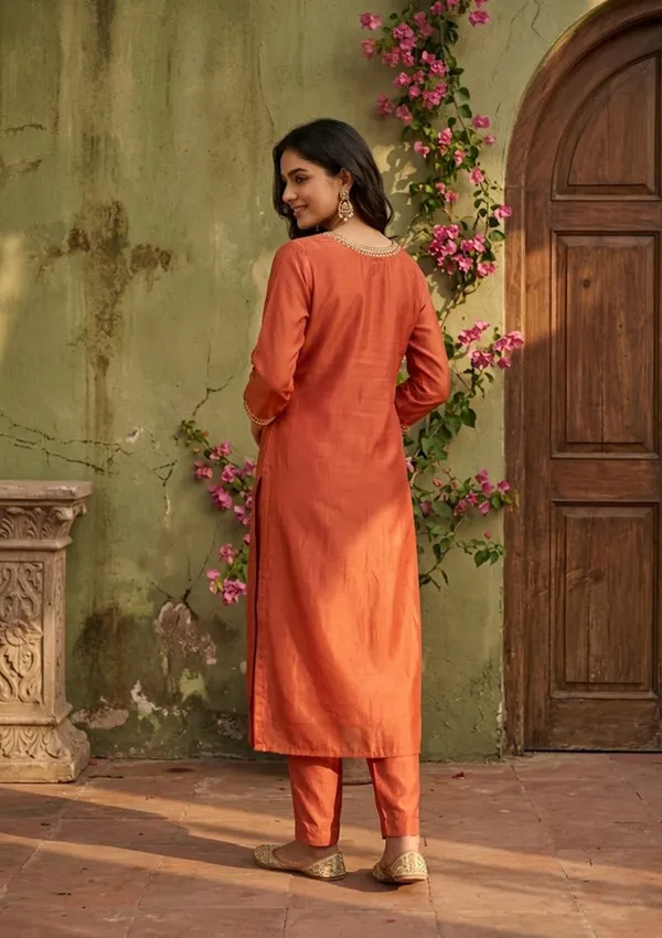 Rust_Semi_Crepe_Threadwork_Straight_Kurta_With_Pant_Regular_And_Dupatta