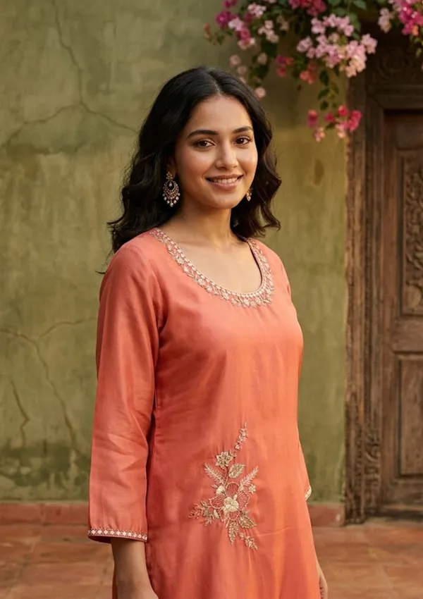 Rust_Semi_Crepe_Threadwork_Straight_Kurta_With_Pant_Regular_And_Dupatta