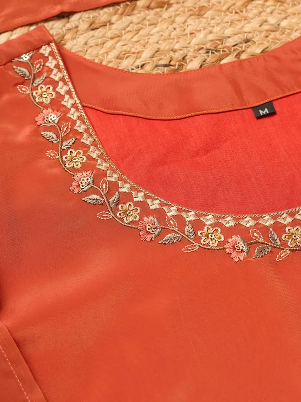 Rust_Semi_Crepe_Threadwork_Straight_Kurta_With_Pant_Regular_And_Dupatta