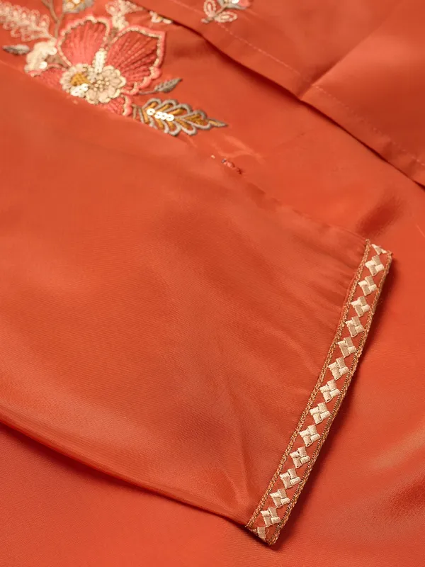 Rust_Semi_Crepe_Threadwork_Straight_Kurta_With_Pant_Regular_And_Dupatta