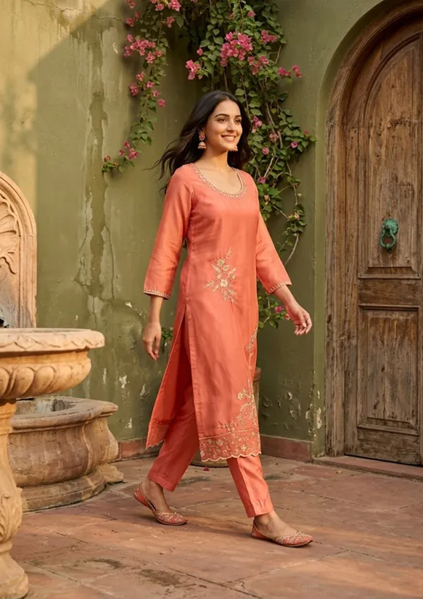 Rust_Semi_Crepe_Threadwork_Straight_Kurta_With_Pant_Regular_And_Dupatta