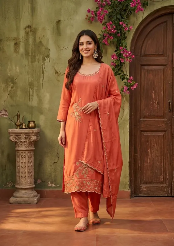 Rust_Semi_Crepe_Threadwork_Straight_Kurta_With_Pant_Regular_And_Dupatta