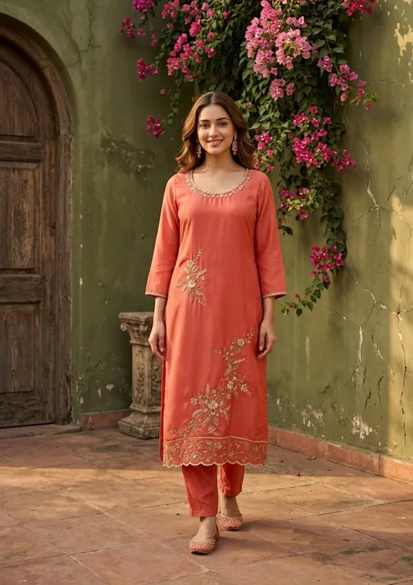 Rust_Semi_Crepe_Threadwork_Straight_Kurta_With_Pant_Regular_And_Dupatta
