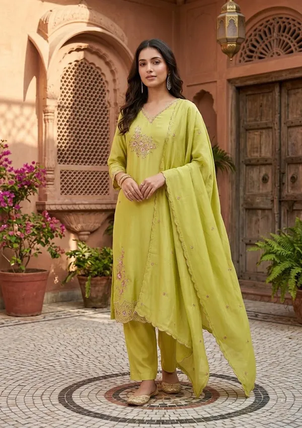 Leaf_Green_Semi_Crepe_Threadwork_Straight_Kurta_With_Pant_Regular_And_Dupatta