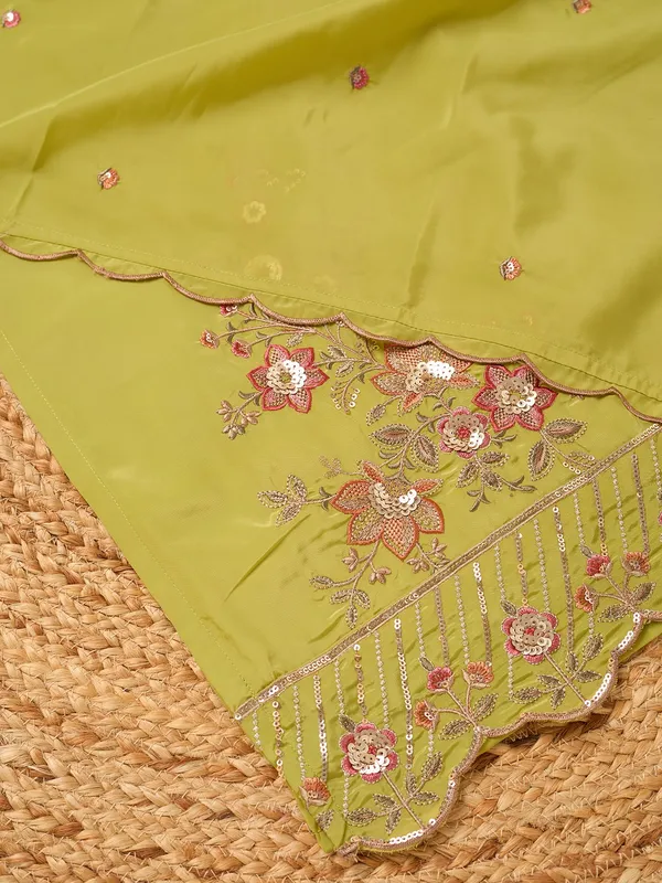 Leaf_Green_Semi_Crepe_Threadwork_Straight_Kurta_With_Pant_Regular_And_Dupatta