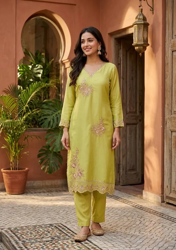 Leaf_Green_Semi_Crepe_Threadwork_Straight_Kurta_With_Pant_Regular_And_Dupatta