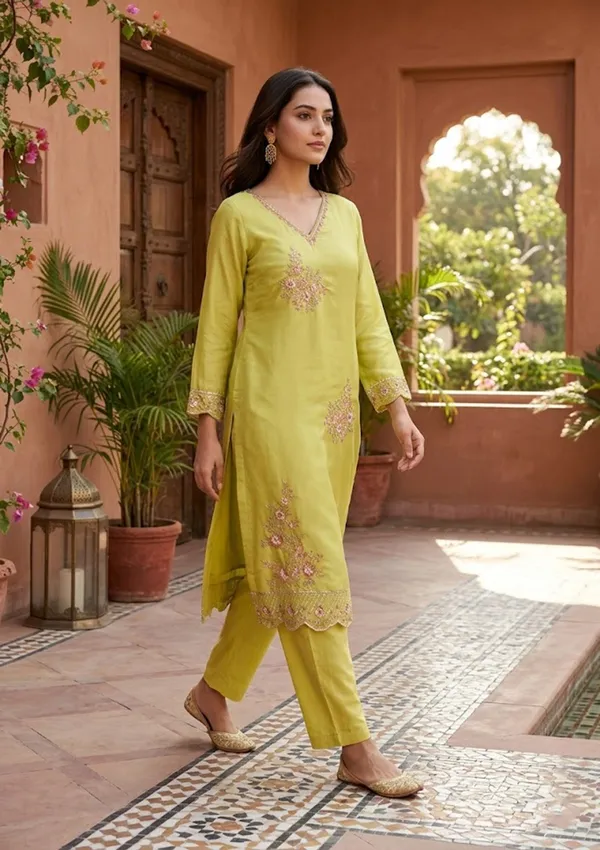 Leaf_Green_Semi_Crepe_Threadwork_Straight_Kurta_With_Pant_Regular_And_Dupatta