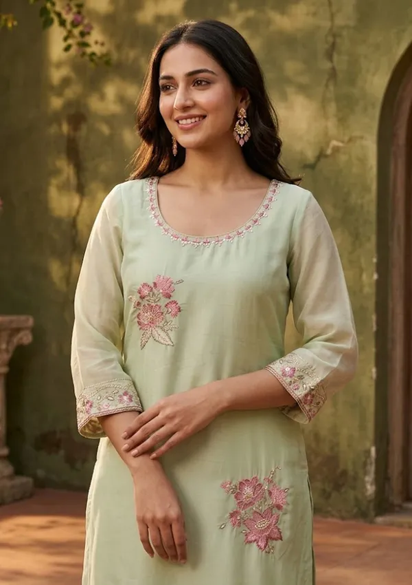 Pista_Green_Semi_Crepe_Threadwork_Straight_Kurta_With_Regular_Pant_And_Dupatta