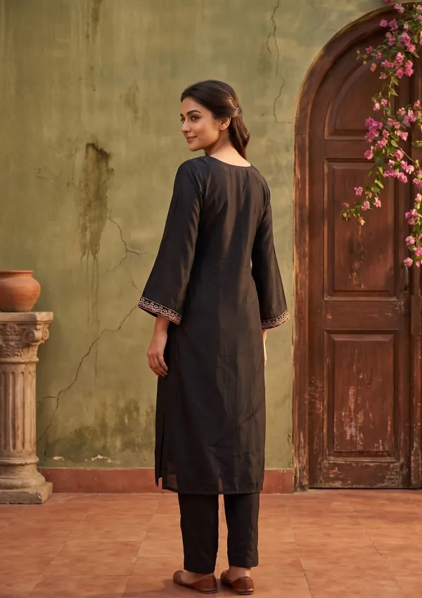 Black_Semi_Crepe_Gold_Zariwork_Straight_Kurta_With_Pant_Regular_And_Dupatta