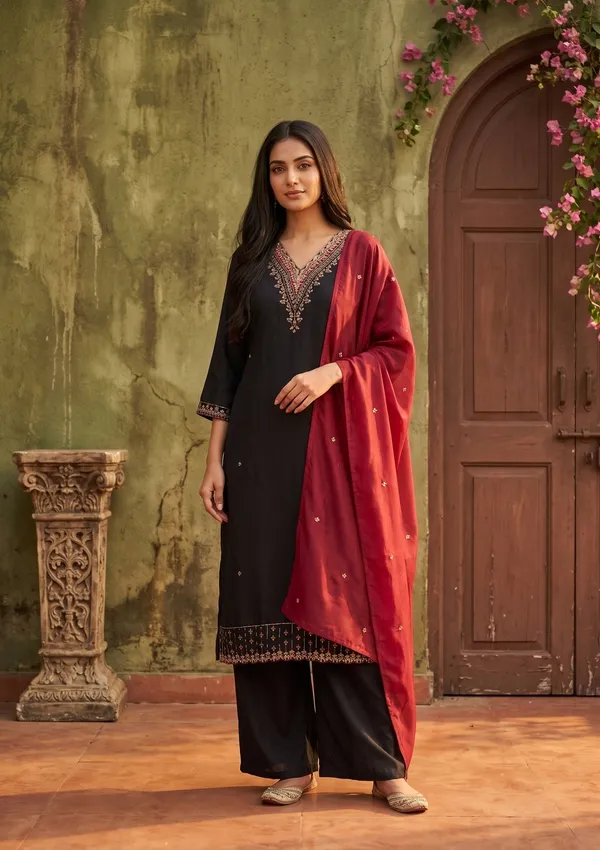 Black_Semi_Crepe_Gold_Zariwork_Straight_Kurta_With_Pant_Regular_And_Dupatta