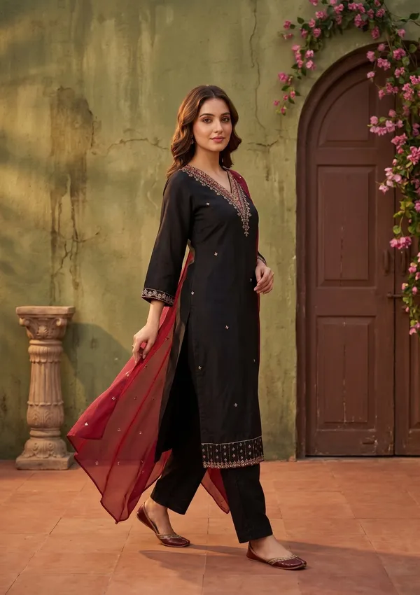 Black_Semi_Crepe_Gold_Zariwork_Straight_Kurta_With_Pant_Regular_And_Dupatta