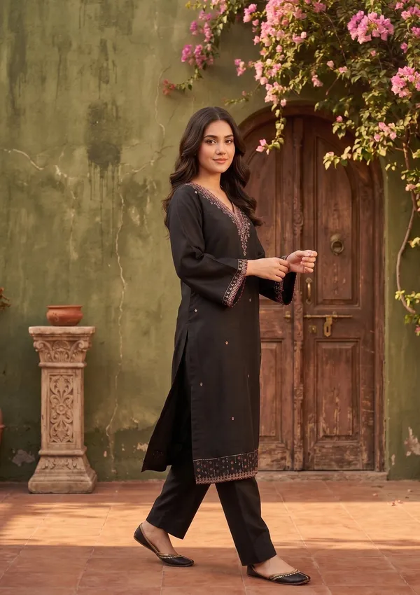 Black_Semi_Crepe_Gold_Zariwork_Straight_Kurta_With_Pant_Regular_And_Dupatta