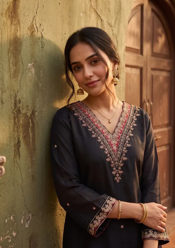 Black_Semi_Crepe_Gold_Zariwork_Straight_Kurta_With_Pant_Regular_And_Dupatta