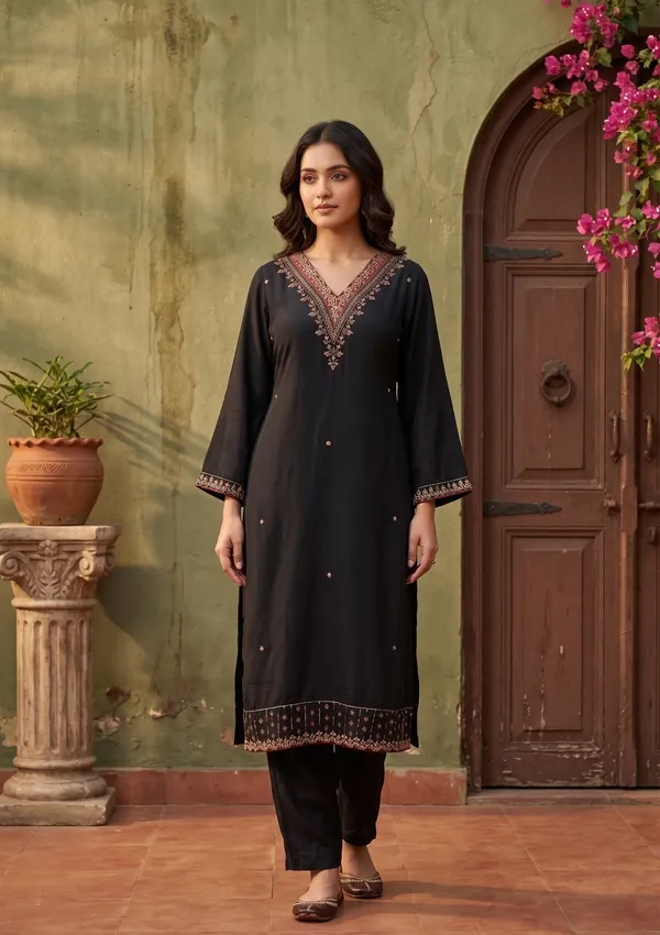 Black_Semi_Crepe_Gold_Zariwork_Straight_Kurta_With_Pant_Regular_And_Dupatta
