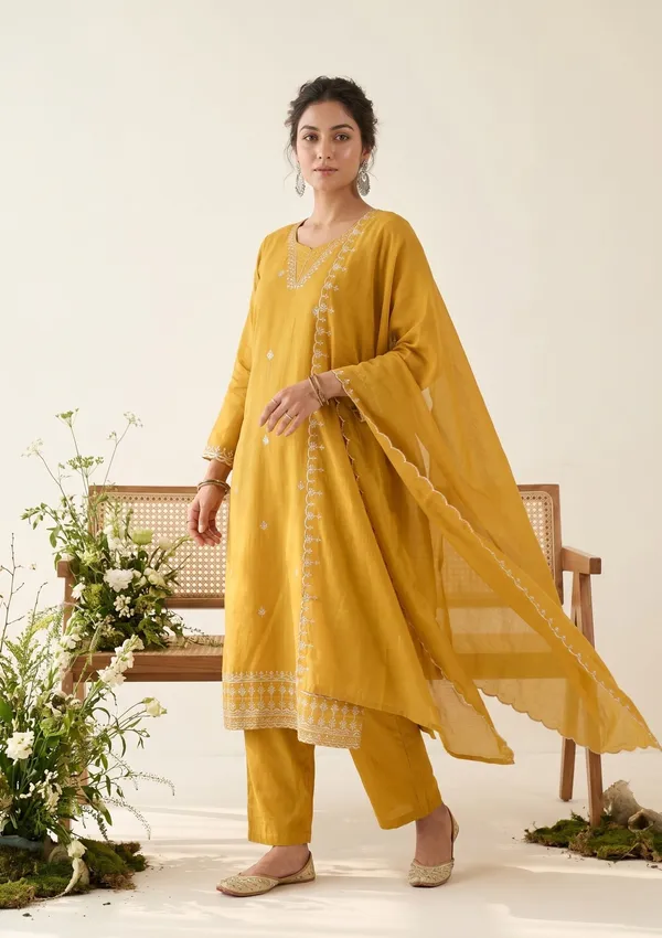 Mustard_Chanderi_Gold_Zariwork_Straight_Kurta_With_Pant_Regular_And_Dupatta