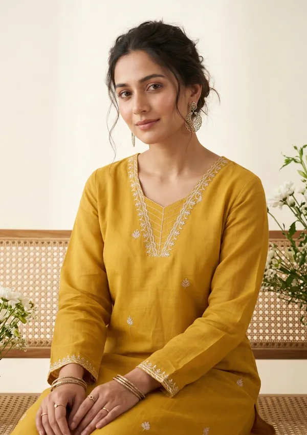 Mustard_Chanderi_Gold_Zariwork_Straight_Kurta_With_Pant_Regular_And_Dupatta