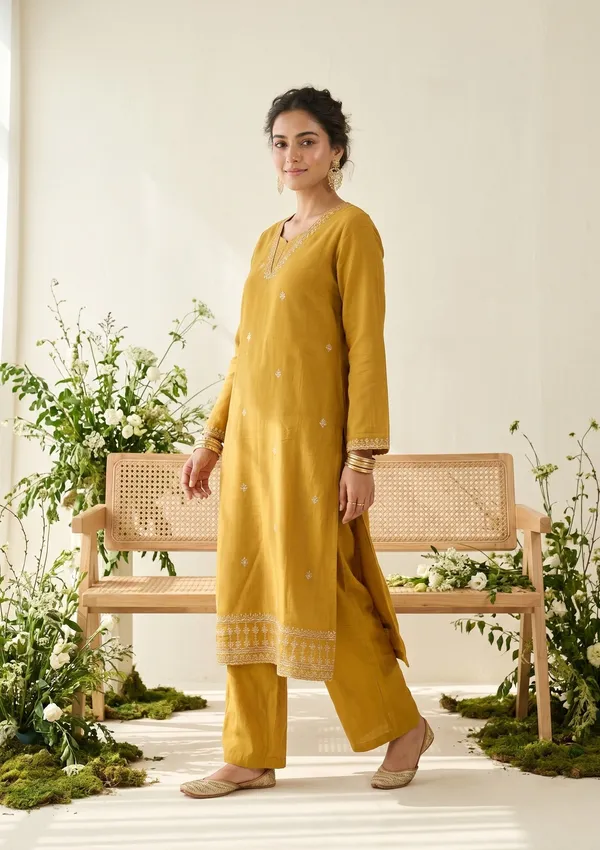 Mustard_Chanderi_Gold_Zariwork_Straight_Kurta_With_Pant_Regular_And_Dupatta