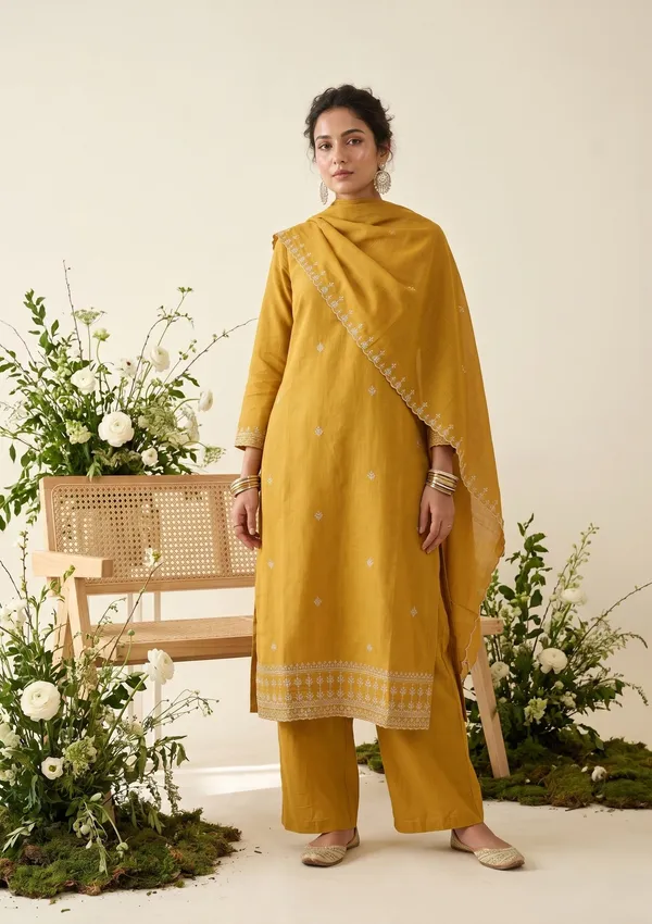 Mustard_Chanderi_Gold_Zariwork_Straight_Kurta_With_Pant_Regular_And_Dupatta